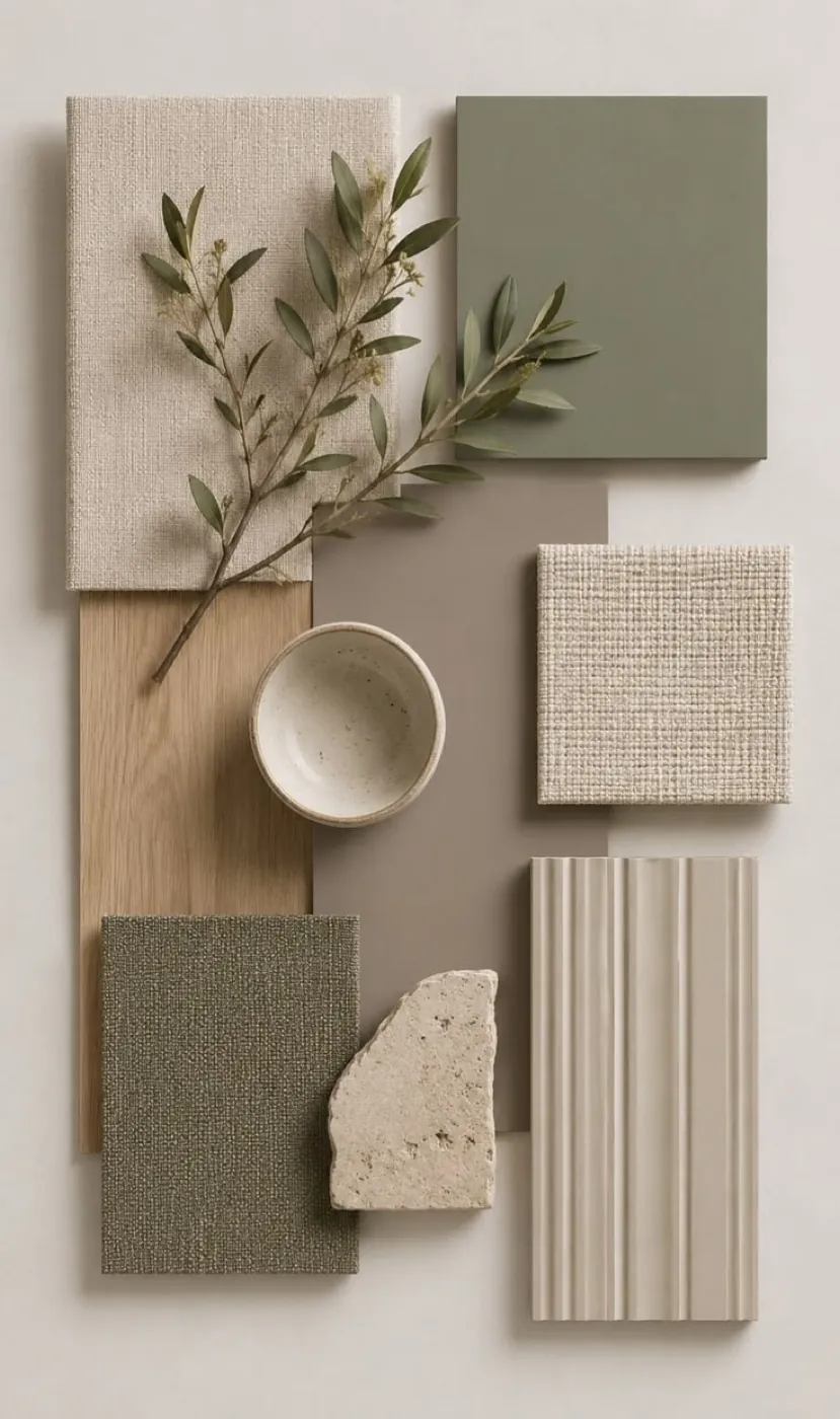 Planche matières : lin, céramique, vert olive