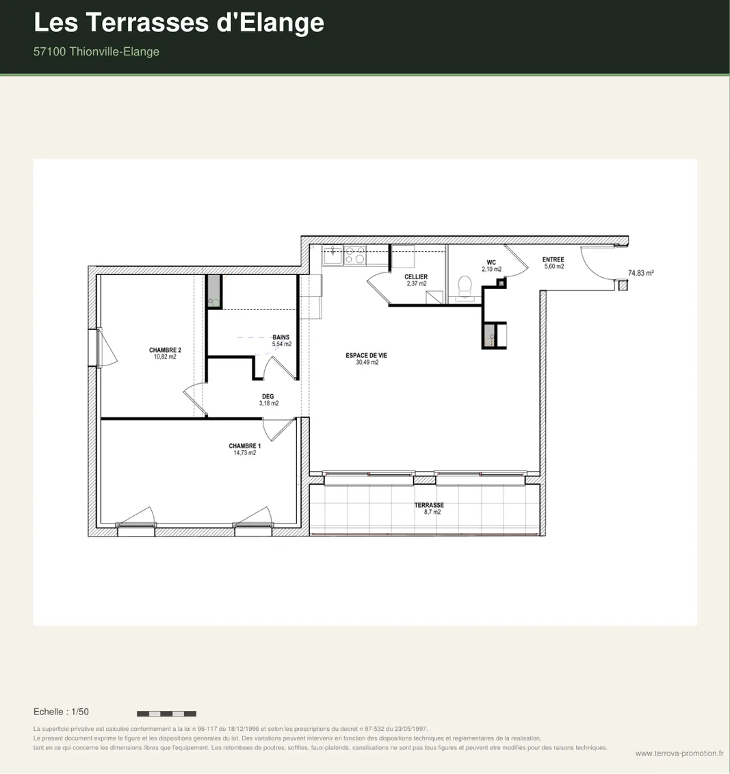 Plan de l'appartement 102, Les Terrasses d'Élange