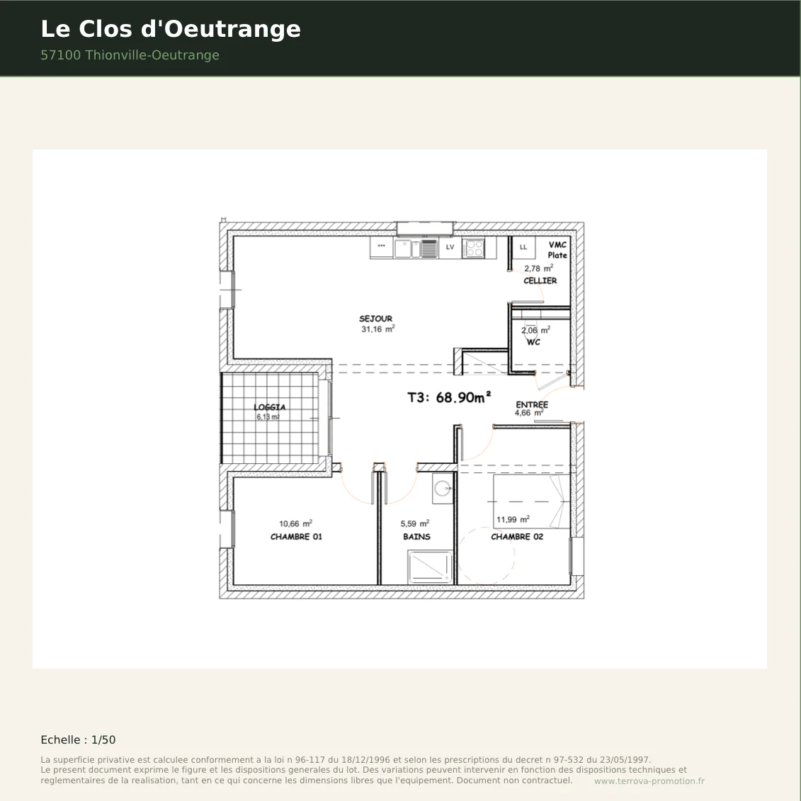Plan de l'appartement 01, Le Clos d'Oeutrange